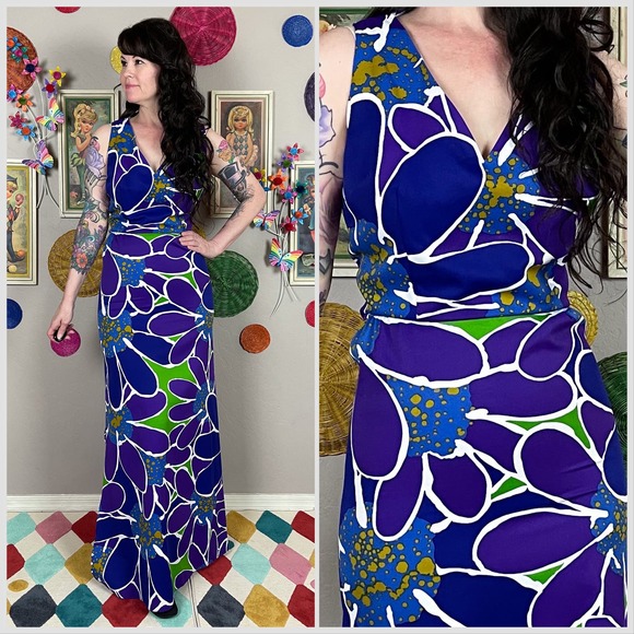 Vintage 1970s Purple Hawaiian Floral Print Sleeveless Maxi Dress - Picture 1 of 8